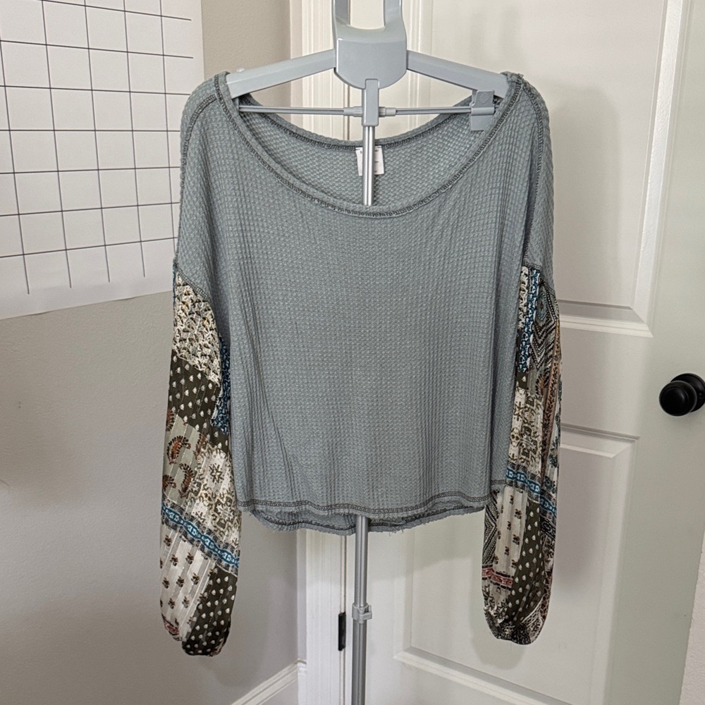 By Together Waffle Knit Top with Patchwork Sleeves